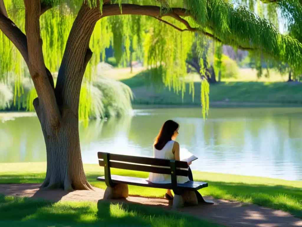 Una joven escribe poesía bajo un sauce en un parque soleado