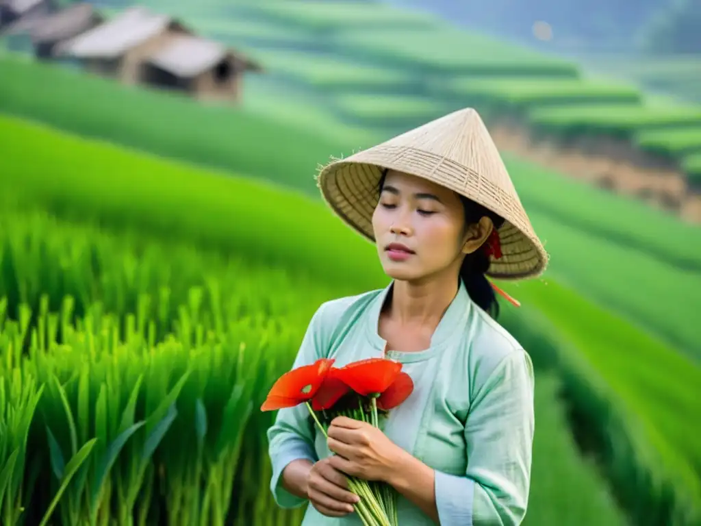 Una joven vietnamita en un campo de arroz verde lleva un sombrero cónico, sosteniendo amapolas rojas