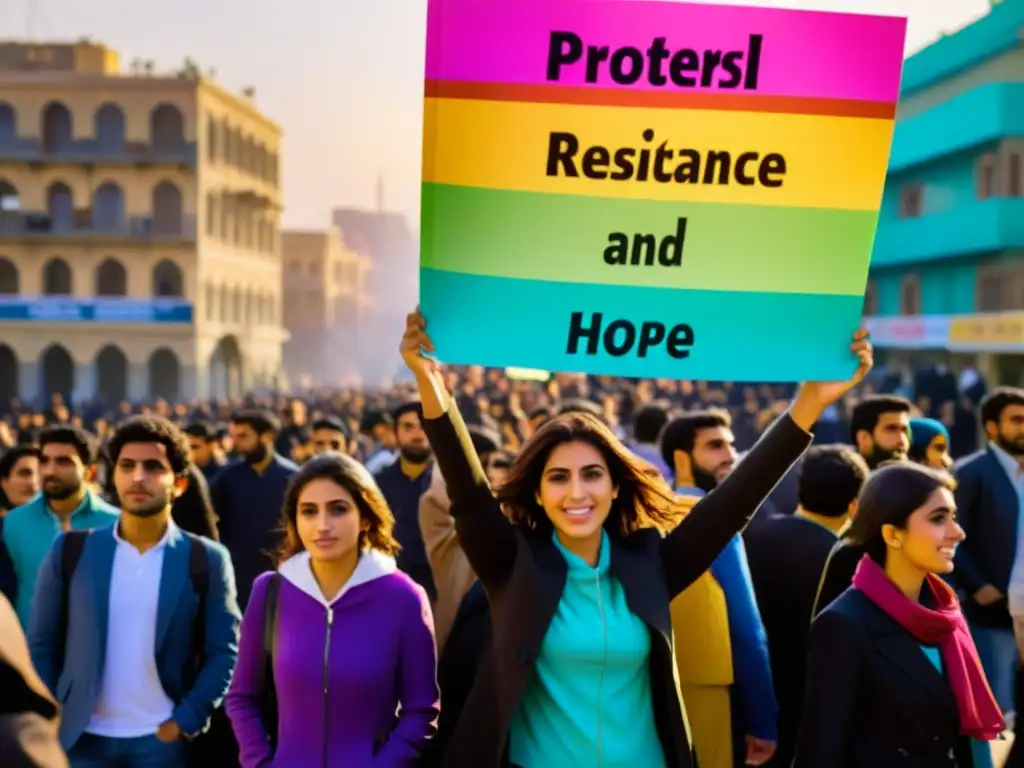 Jóvenes iraníes sostienen versos de protesta en la revolución iraní, uniéndose con determinación en las calles al atardecer