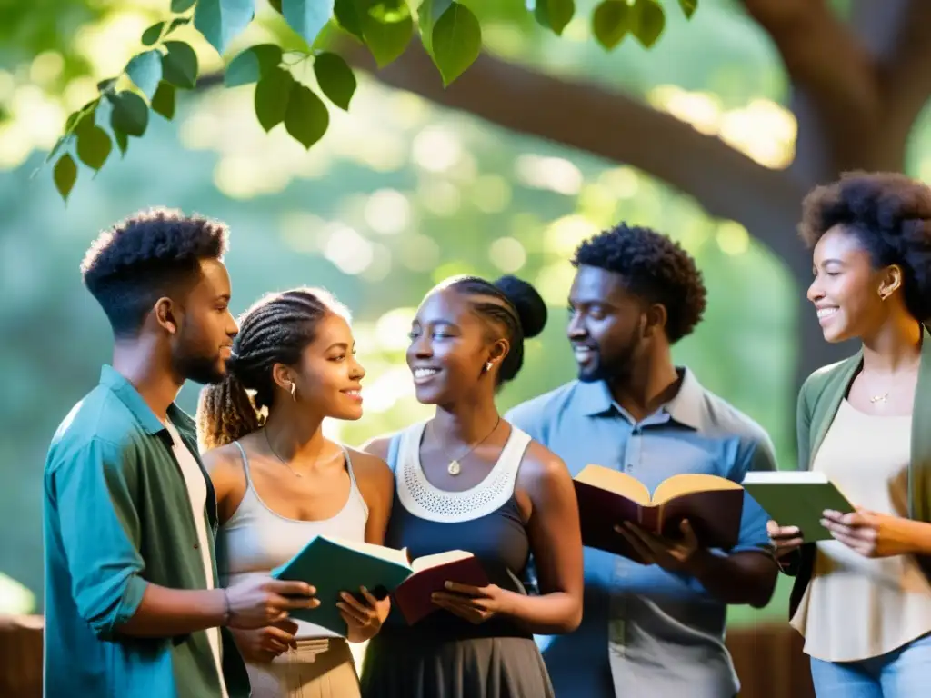 Jóvenes poetas globales comparten mensajes transfronterizos de esperanza y unidad, en círculo con libros, bajo la luz filtrada entre las hojas