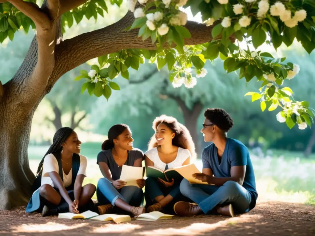 Jóvenes poetas comparten versos bajo un árbol floreciente