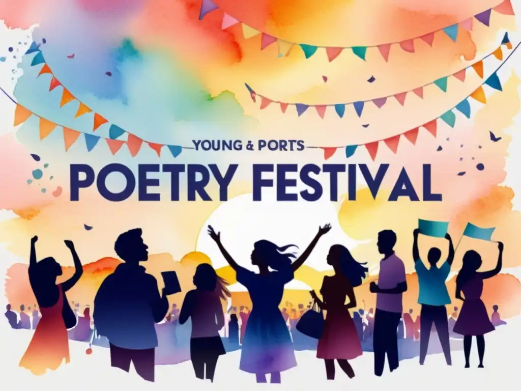 Jóvenes poetas recitan versos en un vibrante festival de poesía, mientras el sol se pone y la atmósfera es mágica