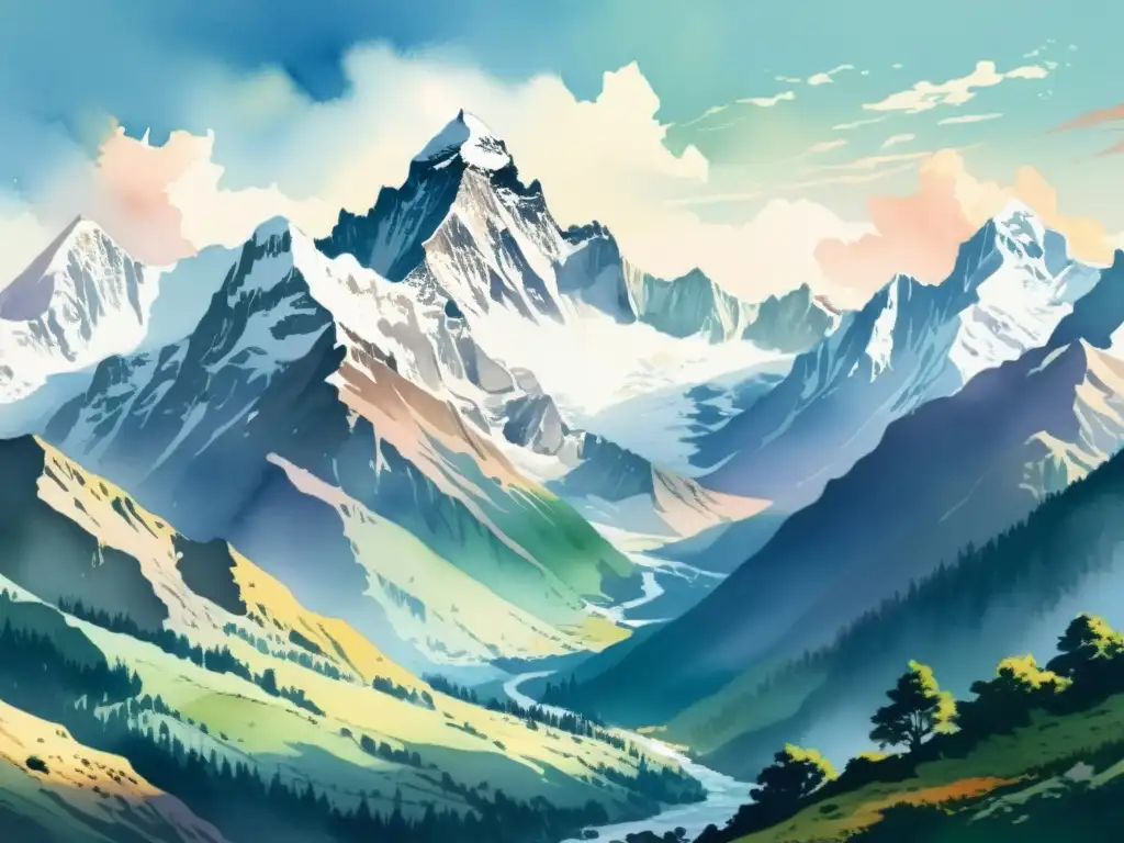 Joyas poéticas del Himalaya en español: Ilustración en acuarela de la majestuosa cordillera del Himalaya, con picos nevados en un cielo pastel