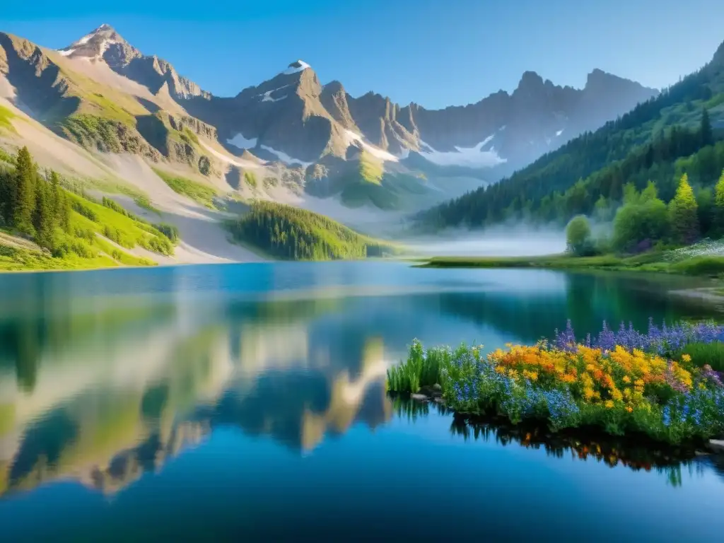 Un lago sereno rodeado de flores silvestres vibrantes, con montañas majestuosas al fondo