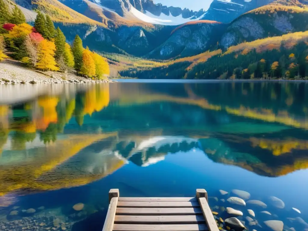 Un lago sereno rodeado de montañas, reflejando el otoño