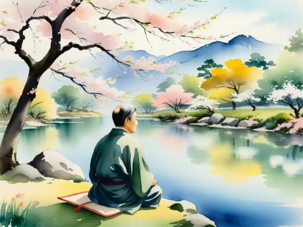 Matsuo Basho y su legado poético: Pintura de Basho contemplando un estanque tranquilo rodeado de cerezos en flor