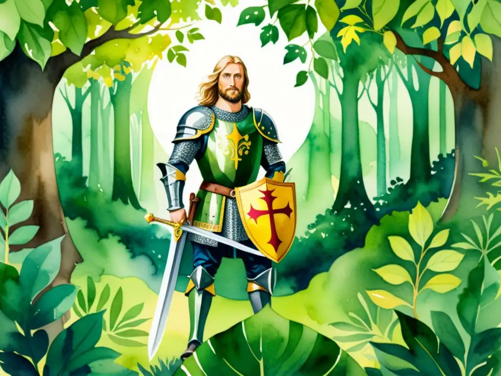 Sir Gawain, el legendario caballero de la Mesa Redonda del Rey Arturo, en un exuberante bosque con luz filtrada