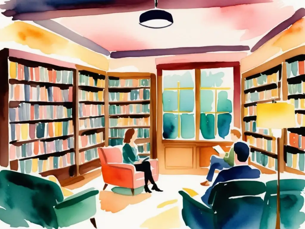 Watercolor de librería acogedora con lectura de poesía