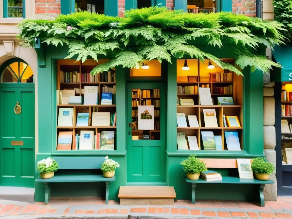 Librería local acogedora con libros de poesía vibrantes en la ventana, rodeada de encantadoras calles empedradas y vegetación exuberante