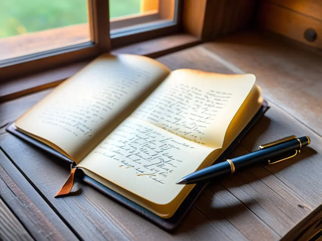 Libreta de cuero desgastado con poesía en tinta, pluma vintage y café