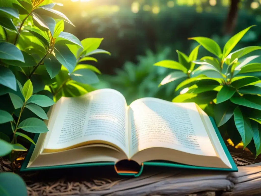 Un libro abierto con versos poéticos escritos a mano en español, rodeado de exuberante vegetación y bañado por la cálido luz dorada