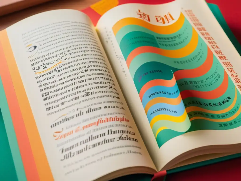 Libro de poesía multilingüe con versos escritos a mano e ilustraciones vibrantes