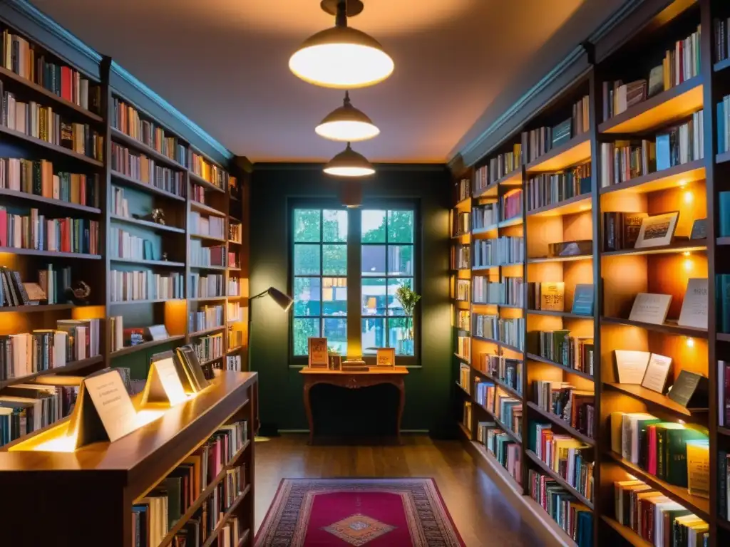Libros raros de poesía en una librería acogedora y nostálgica, con estanterías llenas de colores y detalles, iluminadas por una cálida luz