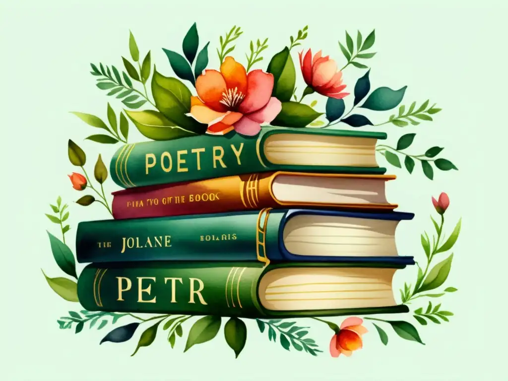 Una ilustración acuarela de libros de poesía rodeados de elementos florales, con colores vibrantes y una atmósfera creativa y encantadora