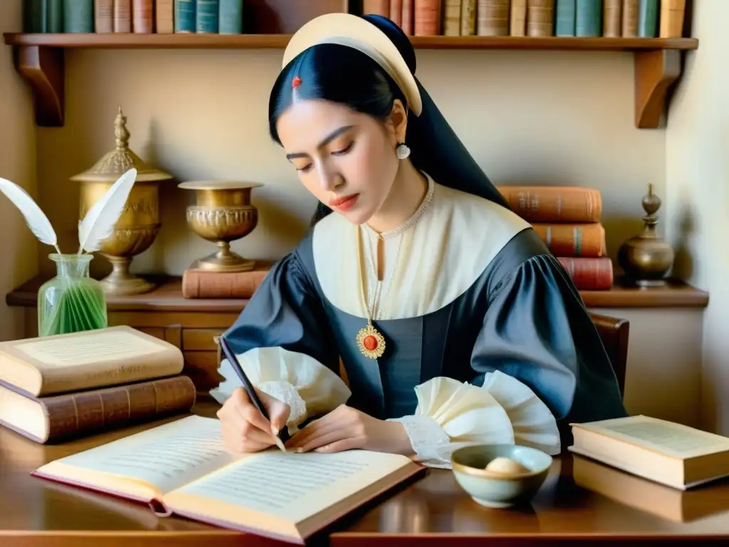 Sor Juana Inés Cruz, genio literario, retratada en una exquisita acuarela rodeada de libros, plumas y pergamino, reflejando su pasión por el conocimiento y su genio literario en la era barroca