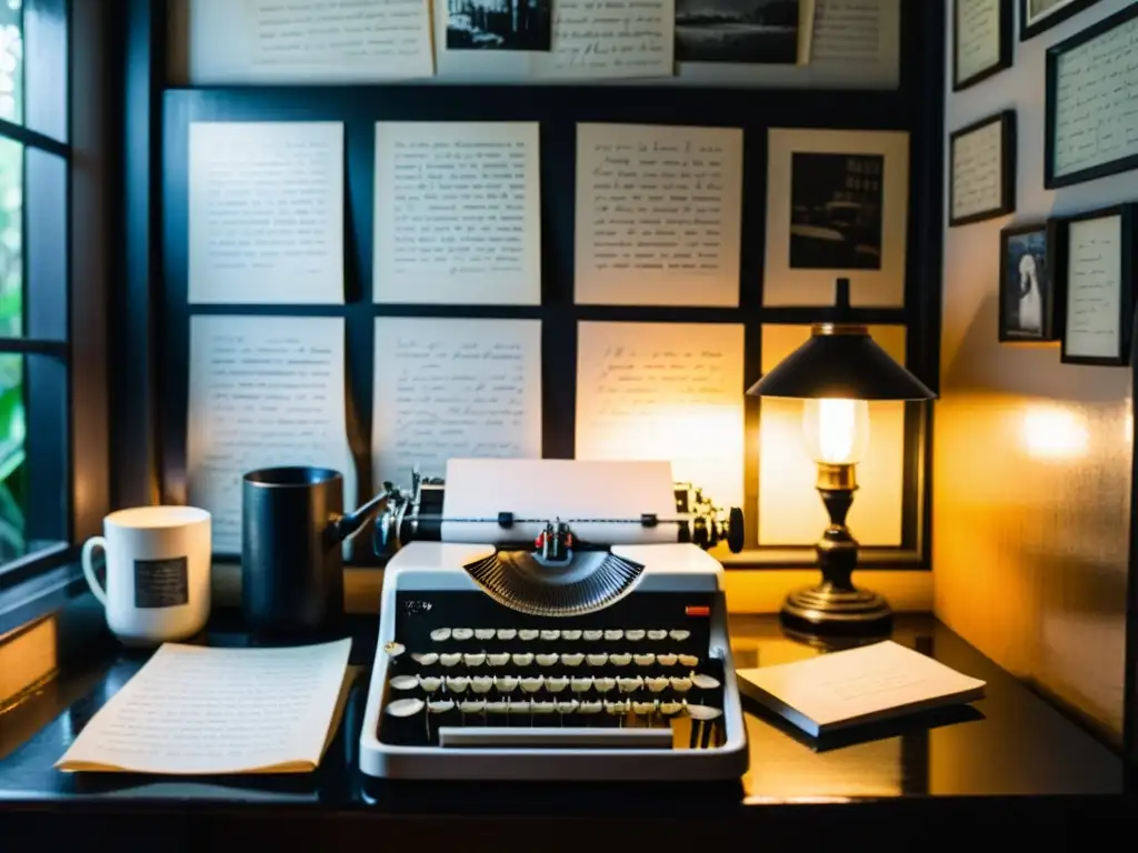 Una habitación melancólica con lluvia en la ventana, escritura, una máquina de escribir y fotos en blanco y negro de Plath y Lowell