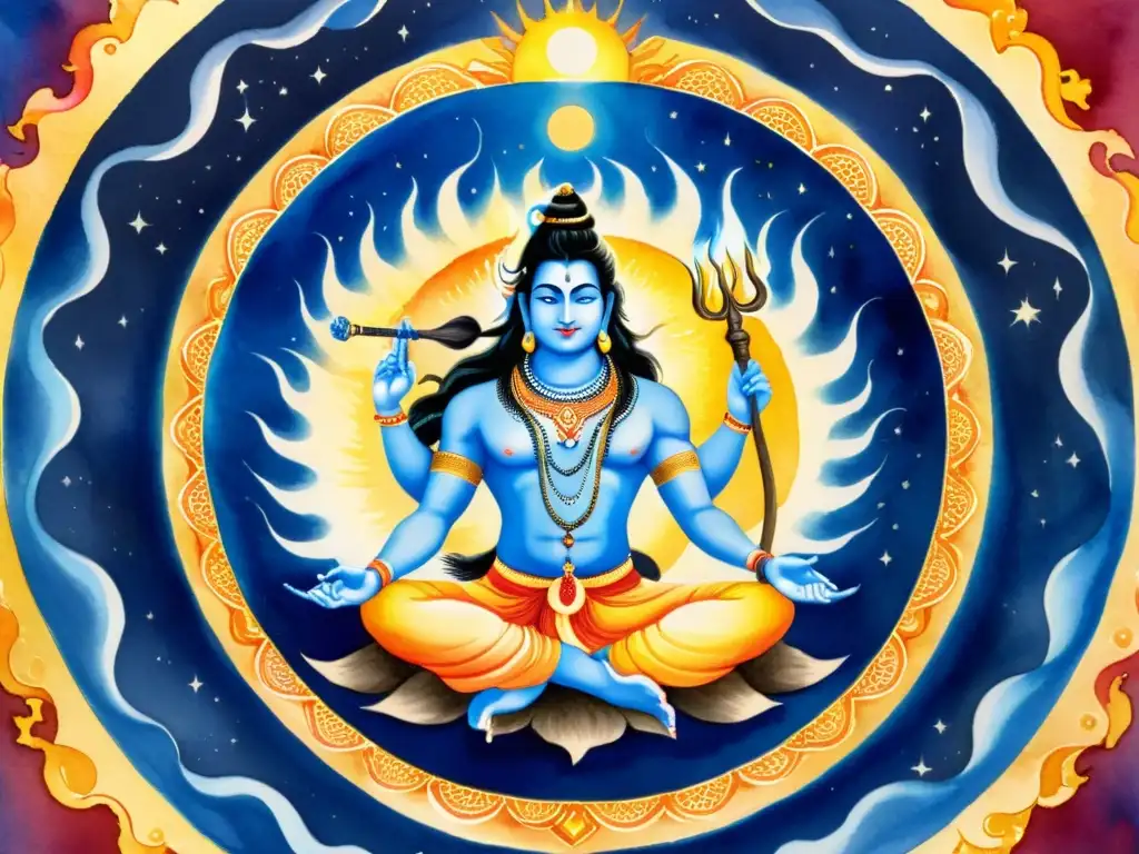 Lord Shiva en majestuosa pintura acuarela, rodeado de fuego sagrado y radiante luz dorada