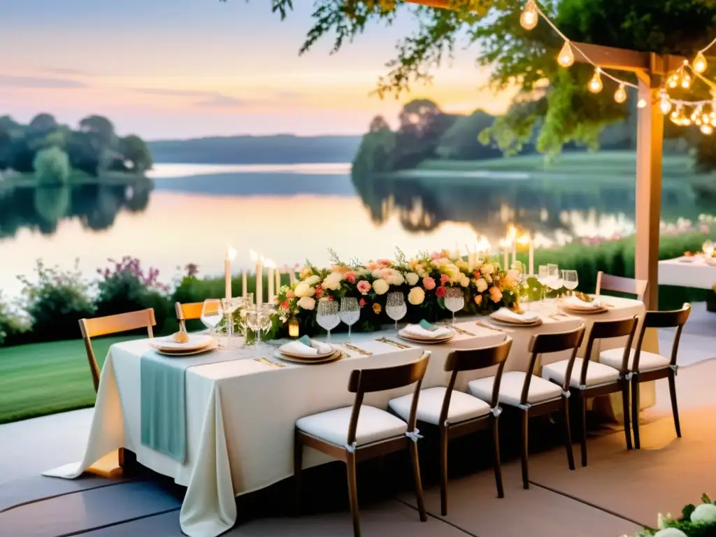 Un lujoso banquete al atardecer con Retiros de poesía gastronómica internacional, rodeado de jardines florecientes y luces suaves