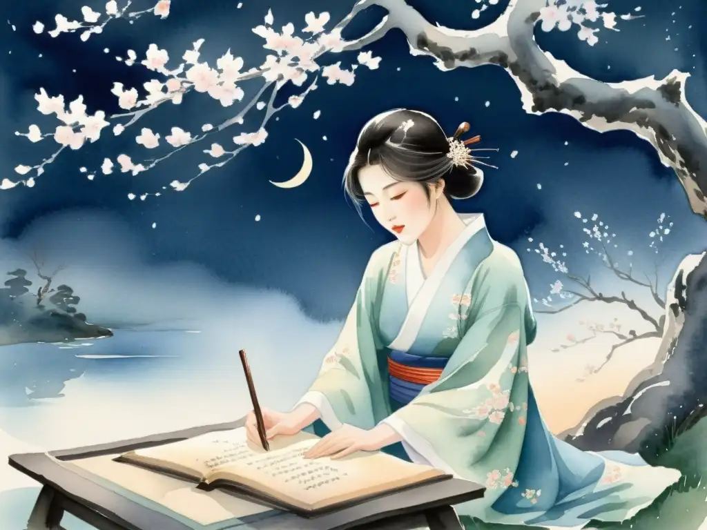 Bajo la luz de la luna, un poeta japonés escribe haikus entre flores de cerezo, evocando la poesía oriental