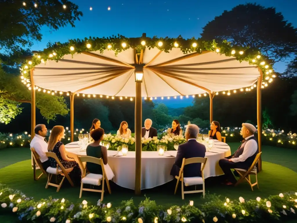 Bajo la luz de la luna, poetas elegantes recitan en un jardín lleno de flores y luces de hadas