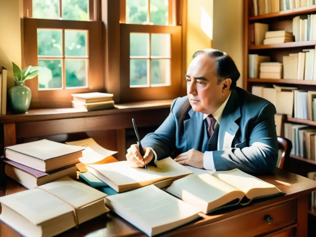 Antonio Machado, sentado en un escritorio rústico, rodeado de libros y papeles