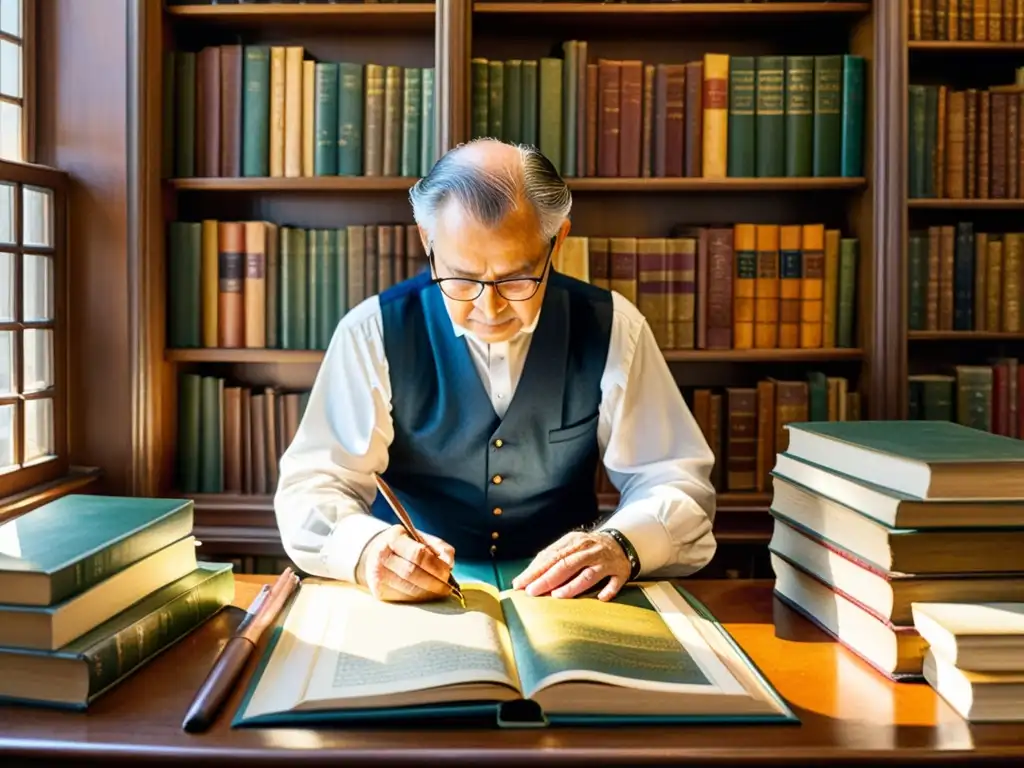 Un maestro encuadernador en su taller rodeado de libros poéticos antiguos, realizando su labor con meticulosidad y tradición artesanal