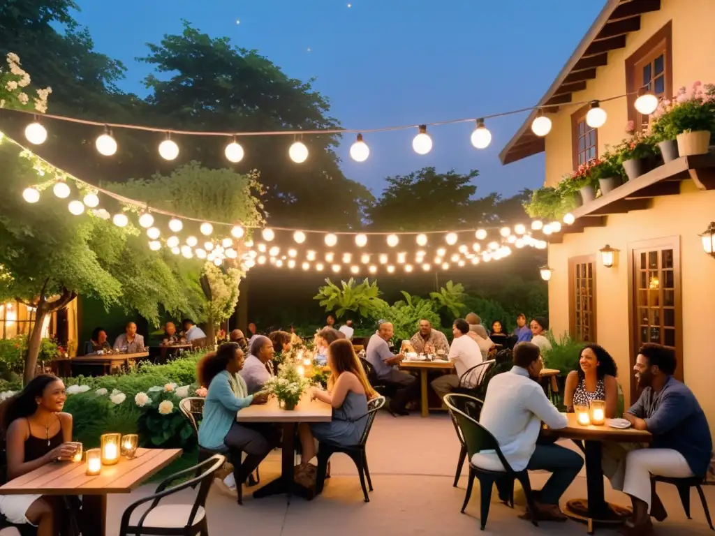 Un mágico café al aire libre rodeado de poetas y amantes de la poesía, iluminado por luces cálidas