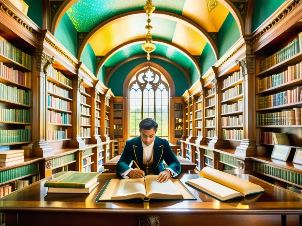 Una majestuosa biblioteca barroca con ornamentos verbales en barroco literario, donde un erudito se sumerge en un libro