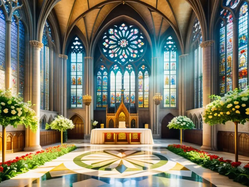 Una majestuosa catedral medieval con detalles de piedra y vitrales iluminados por el sol, rodeada de exuberantes jardines y flores