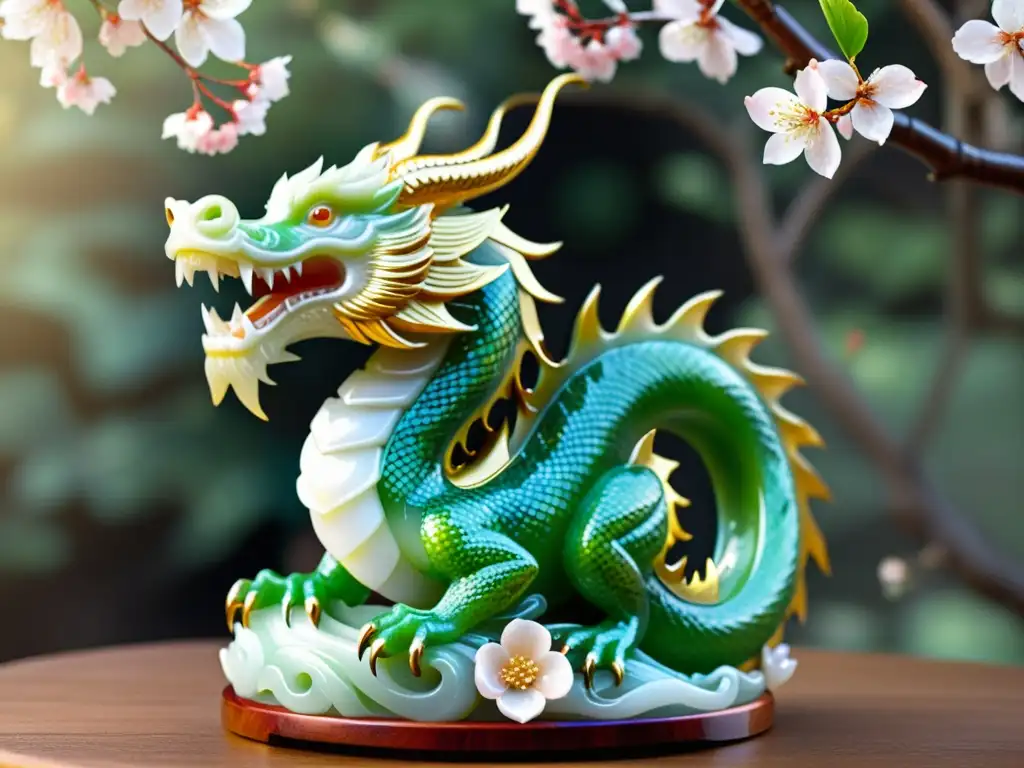 Una majestuosa escultura de jade representa un dragón entrelazado con un árbol de cerezo en flor, sobre seda roja, con poesía corte imperial China