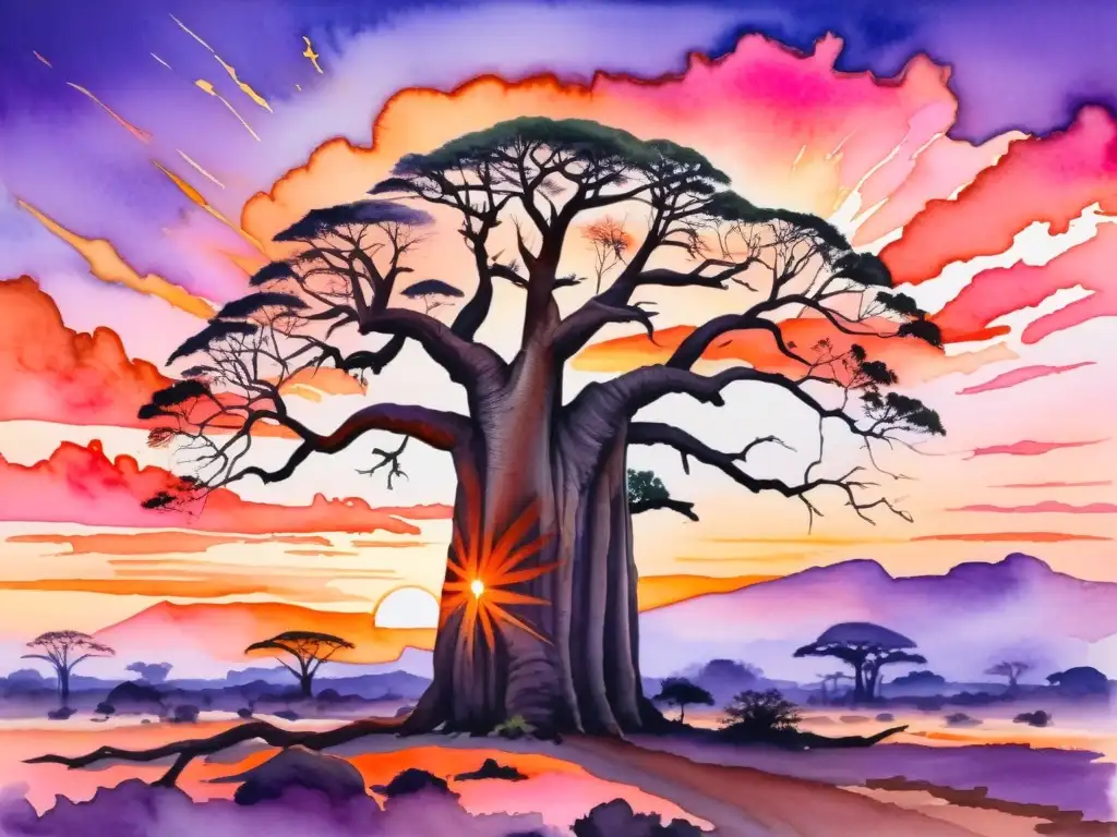 Una majestuosa pintura acuarela de un baobab africano destacando en un vibrante atardecer