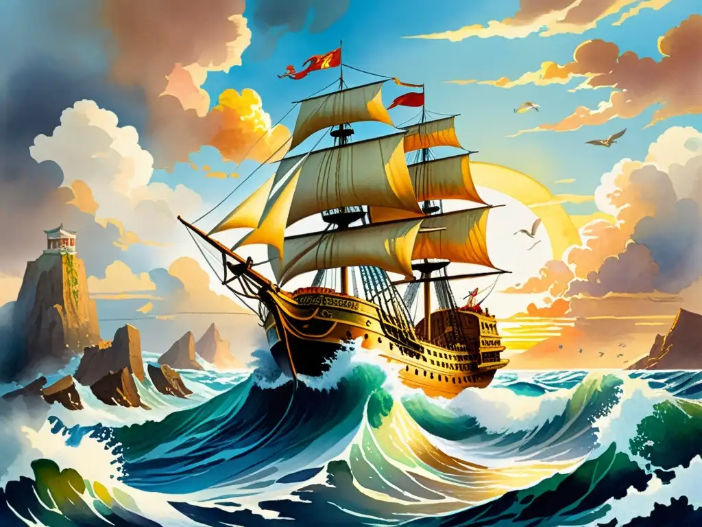 Una majestuosa pintura acuarela de un barco dorado navegando en un mar tumultuoso, con nubes y un sol radiante al atardecer