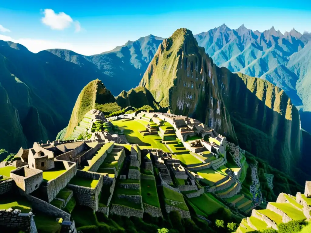 Una majestuosa pintura en acuarela de Machu Picchu, entre verdes montañas andinas