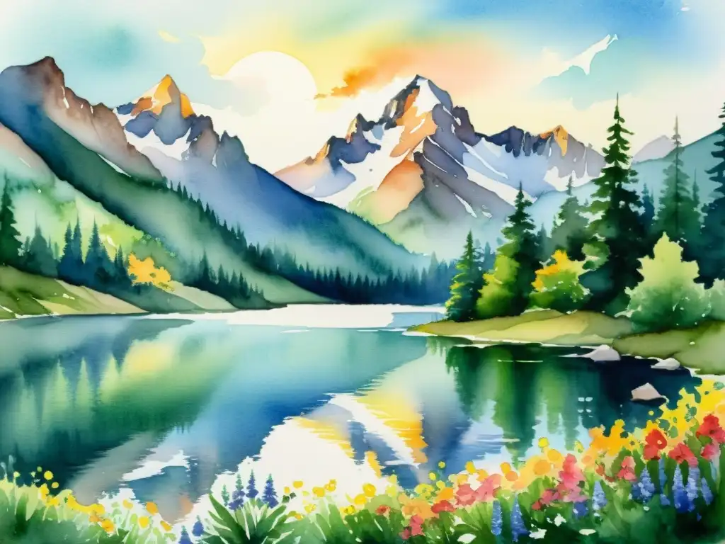 Una majestuosa pintura al agua de una cordillera, con exuberante vegetación y flores silvestres