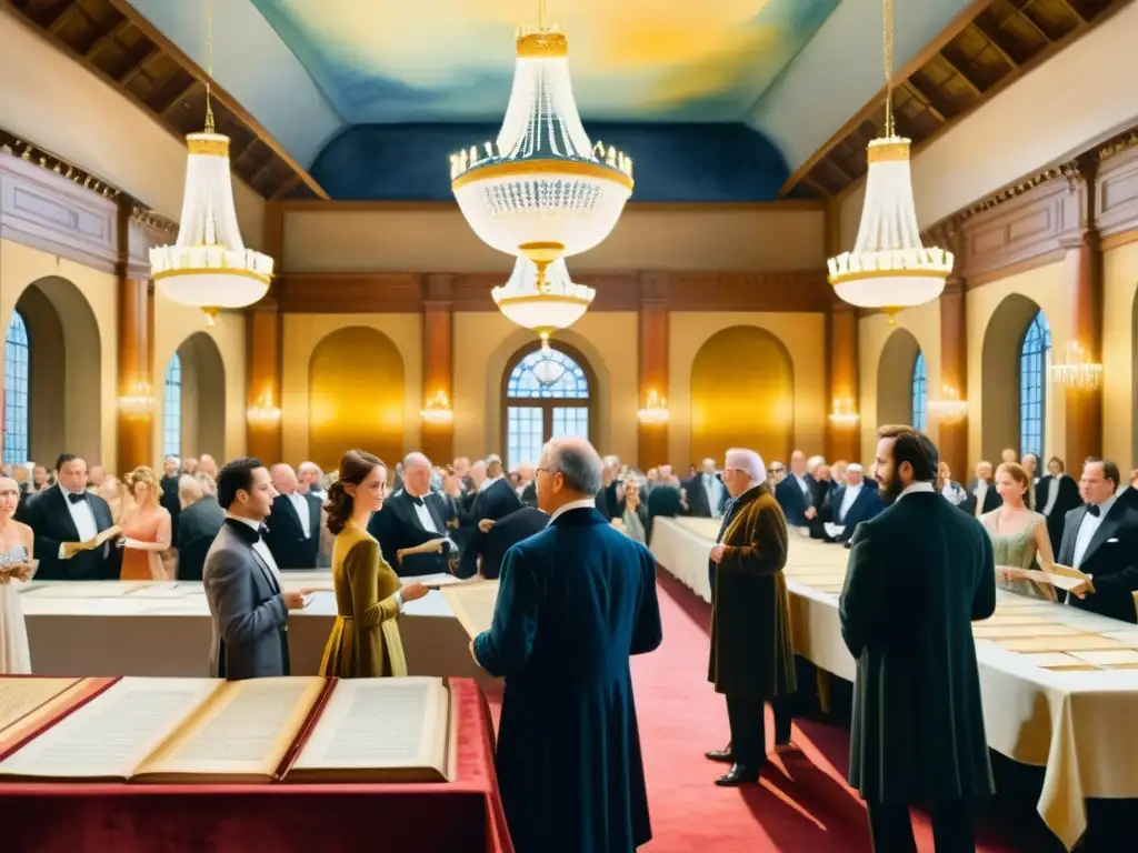 Una majestuosa subasta de manuscritos poéticos alta gama en una sala iluminada por candelabros, llena de elegancia y expectación