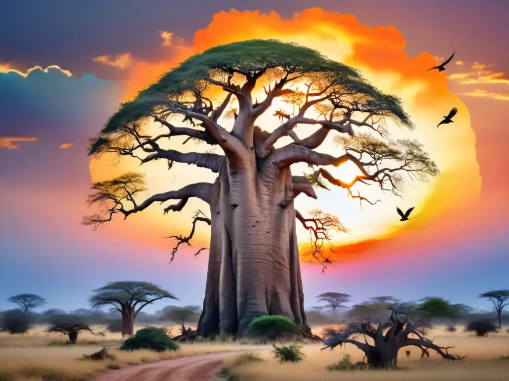 Un majestuoso baobab se alza en el vibrante atardecer africano, sus ramas retorcidas alcanzan el cielo mientras aves coloridas vuelan