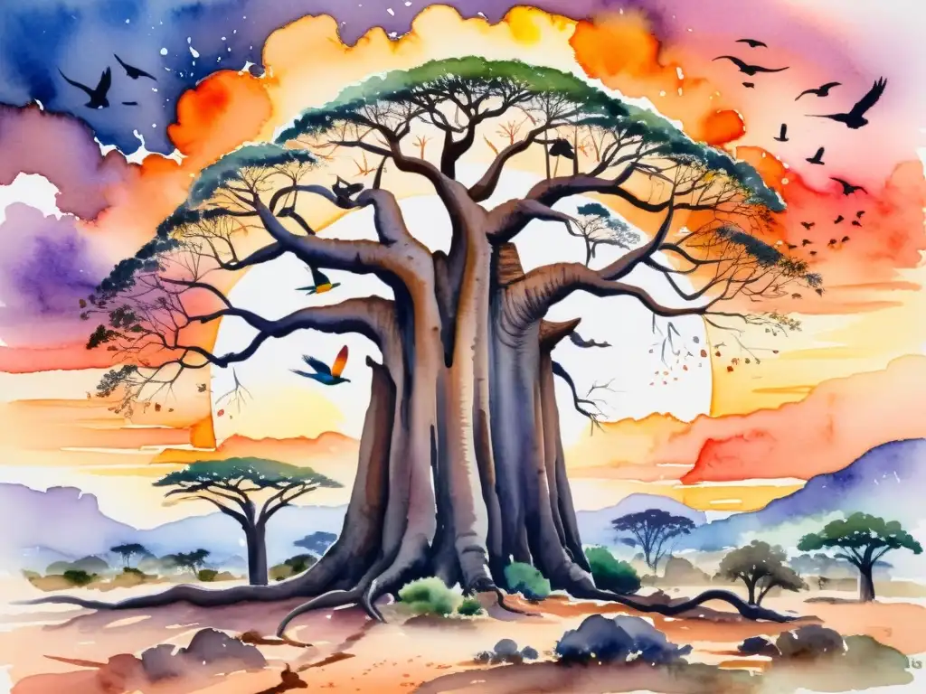 Un majestuoso baobab se erige en un vibrante atardecer africano, tejido con aves y flores, símbolo de metáforas naturales poesía africana