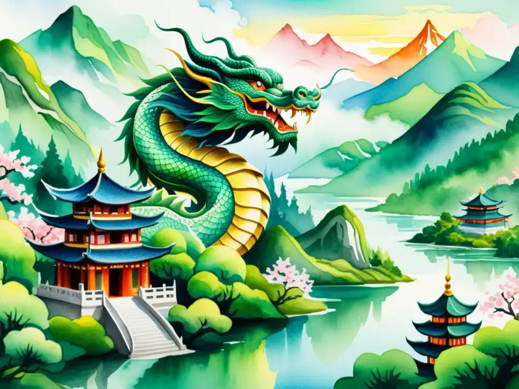 Dragón chino majestuoso en acuarela Un majestuoso dragón chino rodea una antigua pagoda en un paisaje místico con montañas y río