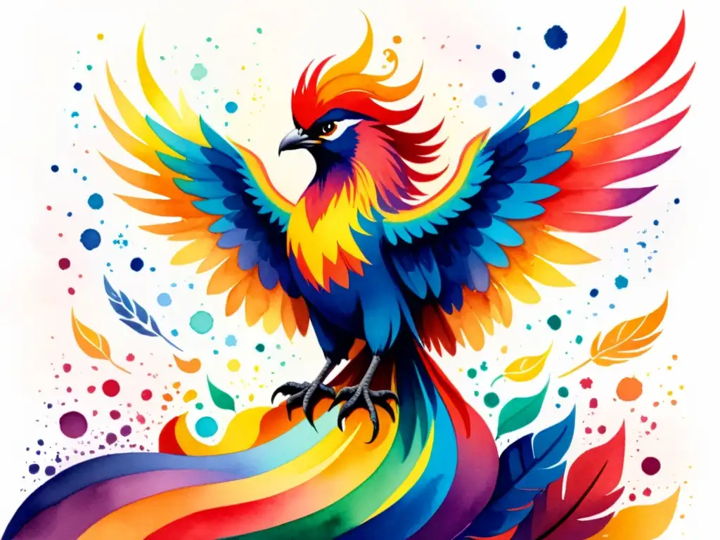 Un majestuoso fénix de colores vibrantes se eleva desde las cenizas, simbolizando la experiencia trans en poesía LGBTQ+