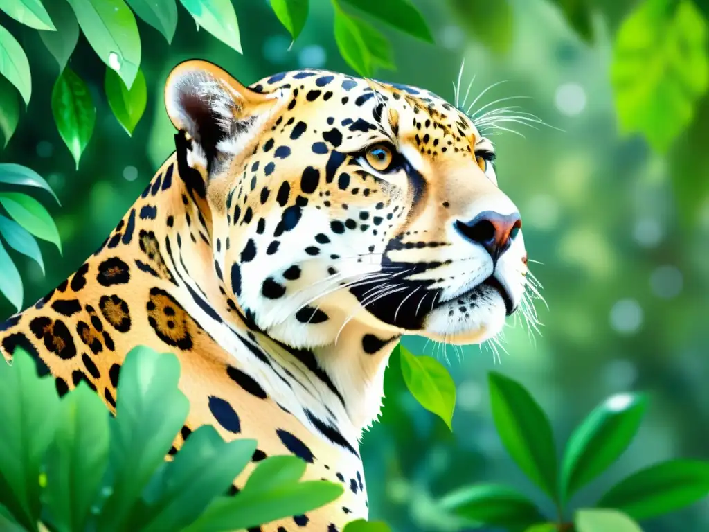 Un majestuoso jaguar en acuarela, con su pelaje brillante bajo la luz del bosque