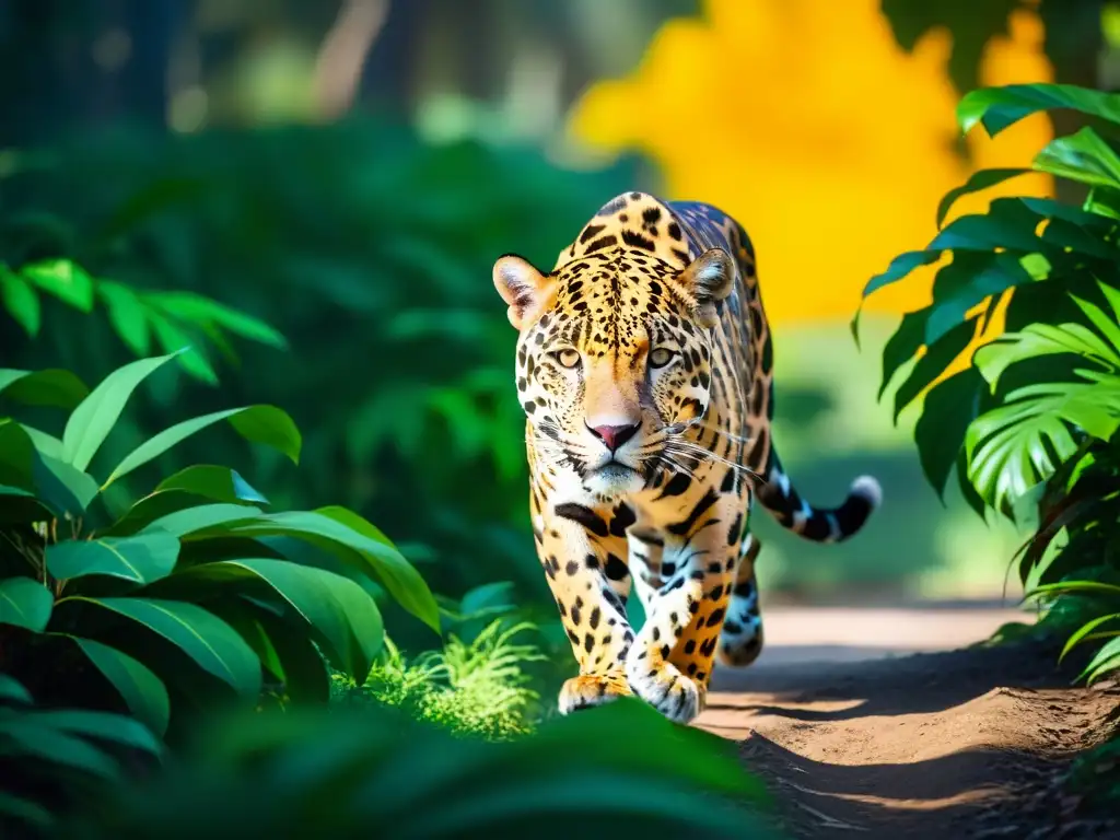 Un majestuoso jaguar se desplaza con gracia en la exuberante selva tropical