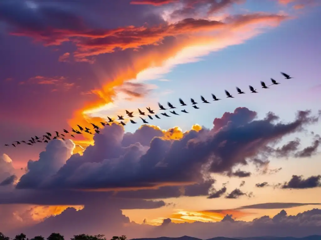 Un majestuoso vuelo de aves en un vibrante atardecer, evocando libertad, poesía y la metáfora del vuelo de la vida