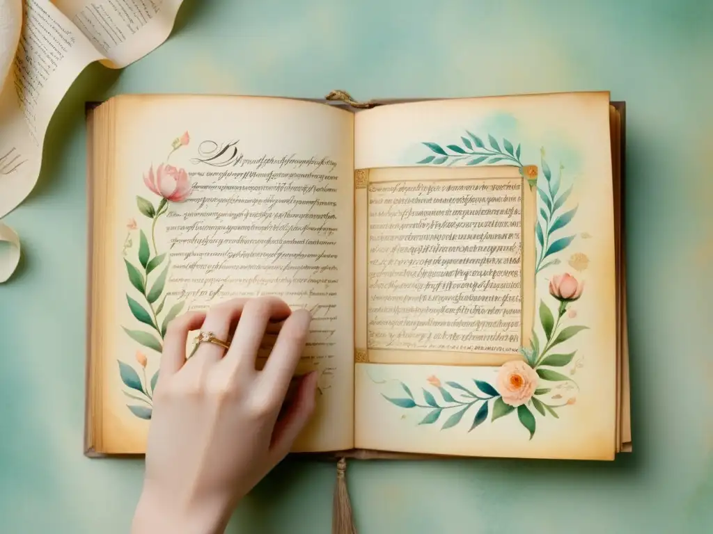 Manuscrito poético: delicada ilustración acuarela Mano sostiene antiguo manuscrito poético en subasta, entre tonos pastel etéreos y elegante caligrafía