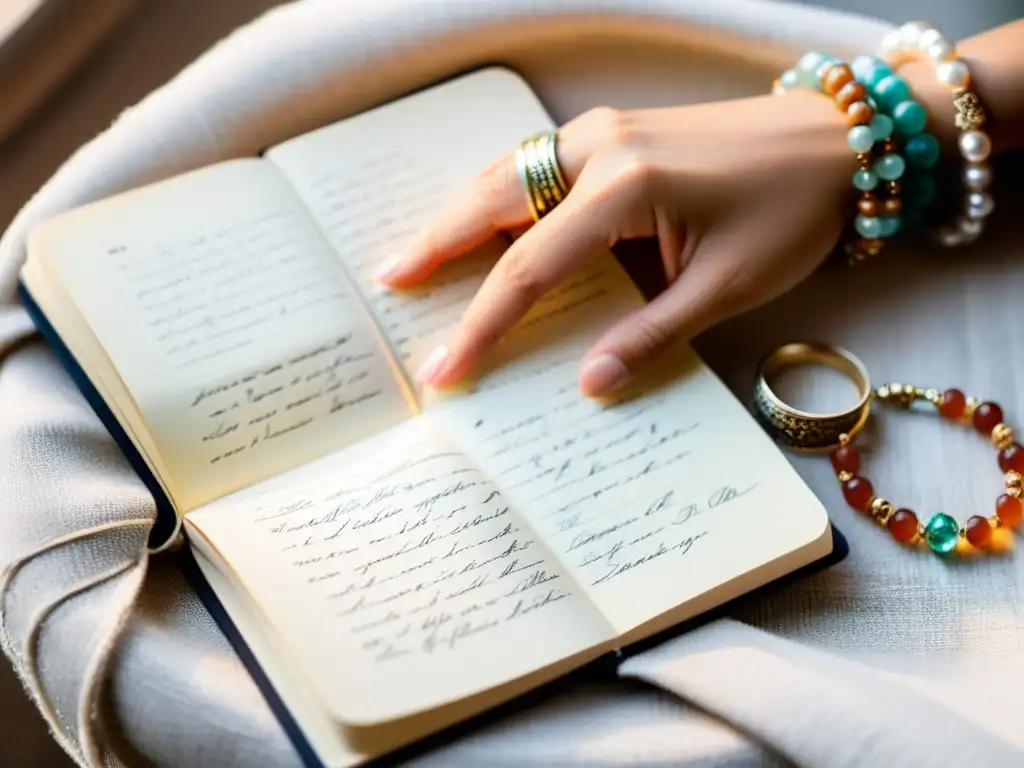 Mano sosteniendo un cuaderno desgastado con poesía, en un entorno sereno