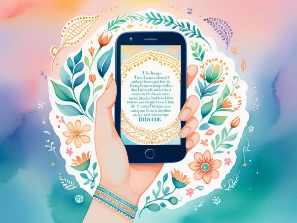 Mano con diseño de henna sostiene smartphone con micropoesía