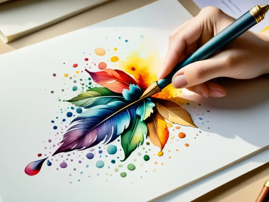 Una mano de escritor sostiene una pluma, trazando poesía en papel, con colores vibrantes