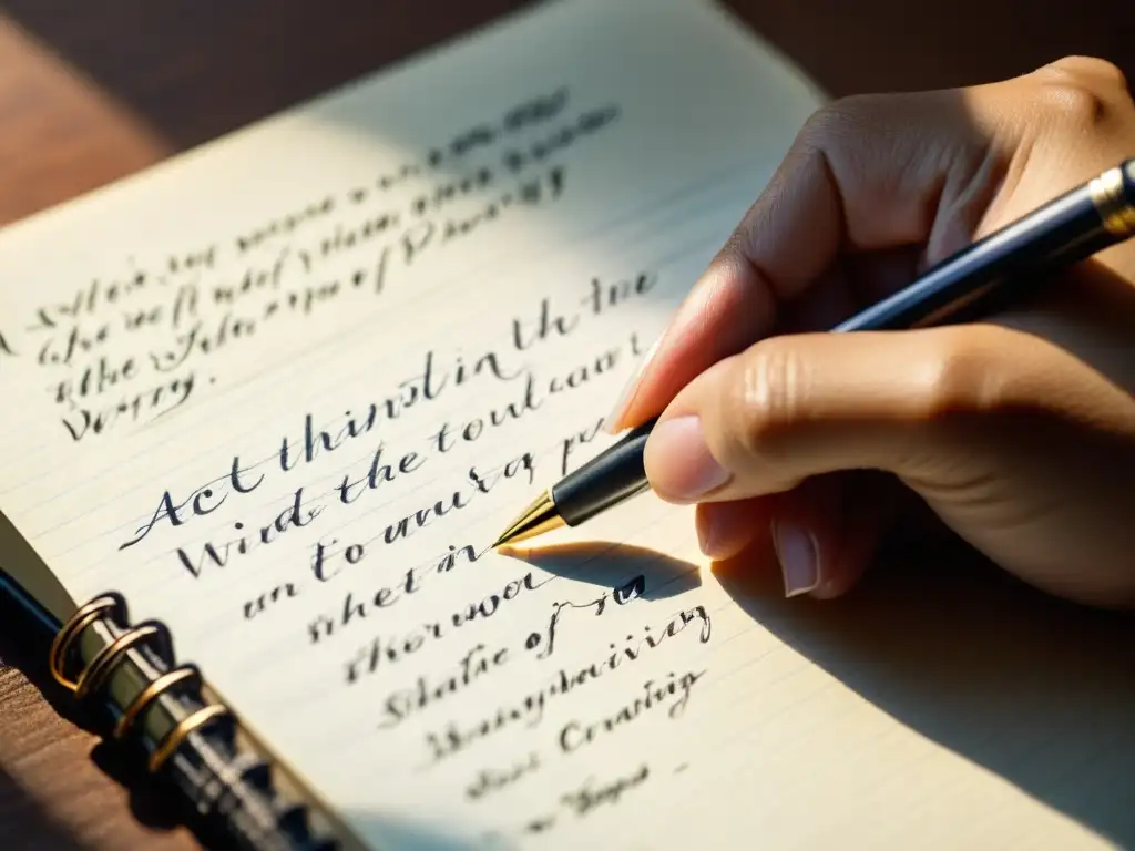 Mano femenina escribiendo poesía con pluma, detalle del movimiento y la escritura en cuaderno, enfoque en la punta de la pluma y las palabras escritas