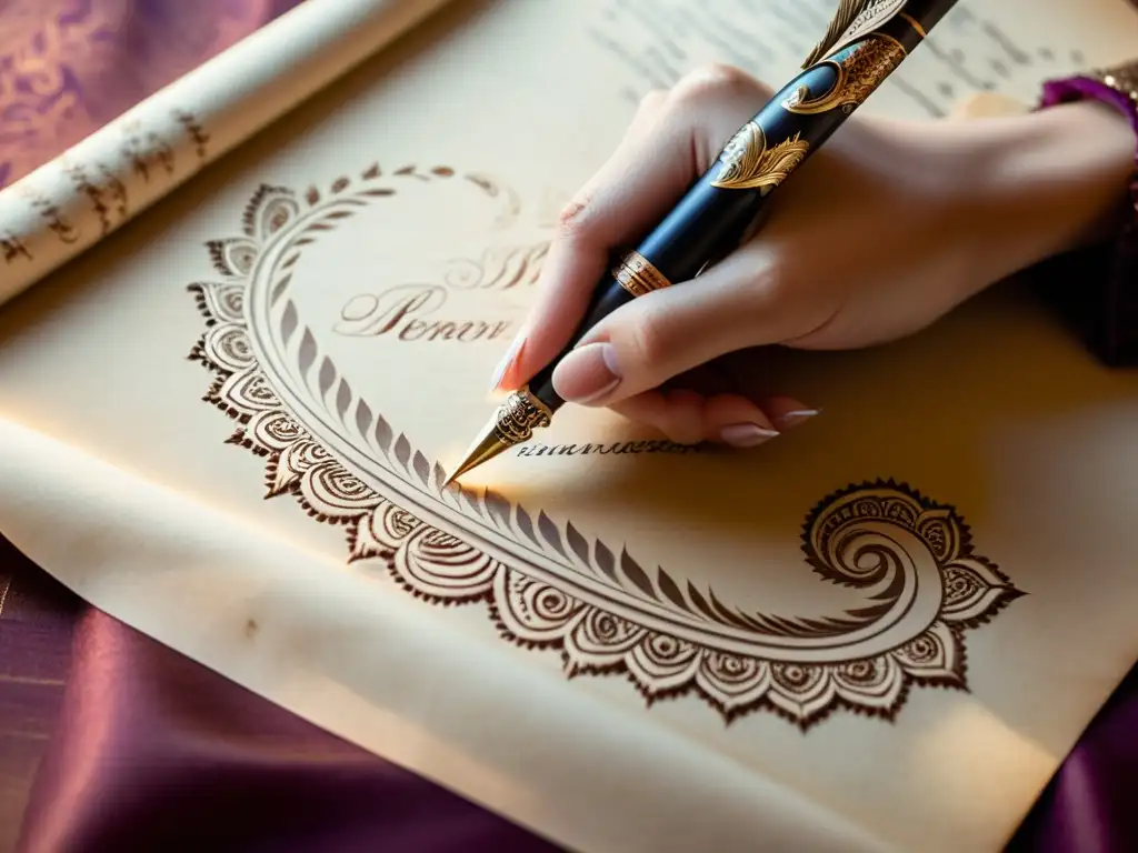 Una mano femenina sostiene delicadamente una pluma sobre pergamino vintage, rodeada de siluetas de poetas