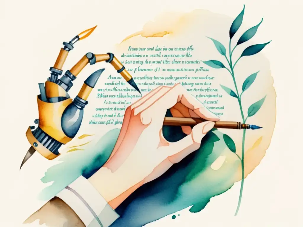 Una mano humana y una mano robótica colaboran para crear poesía en una ilustración acuarela, simbolizando la unión entre creatividad humana y la inteligencia artificial