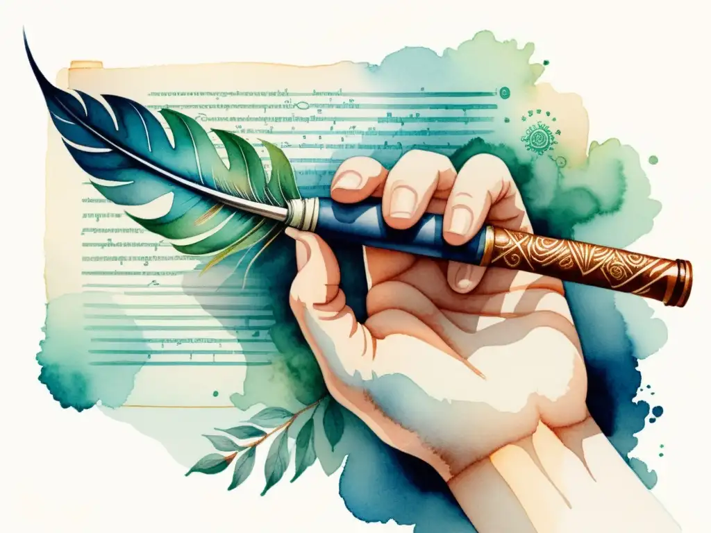 Mano humana con pluma y AI, creando poesía en pergamino